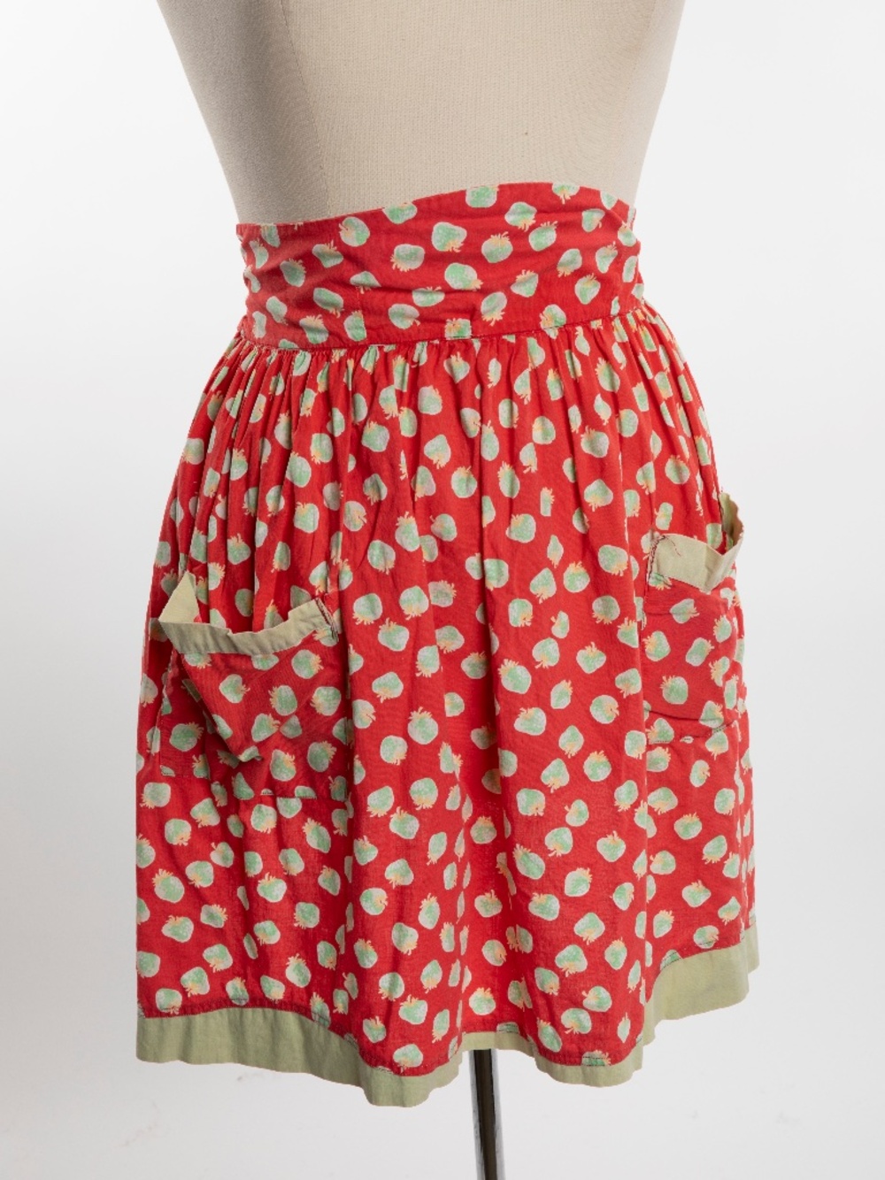 Antique Red Apron with Strawberry pattern & pockets